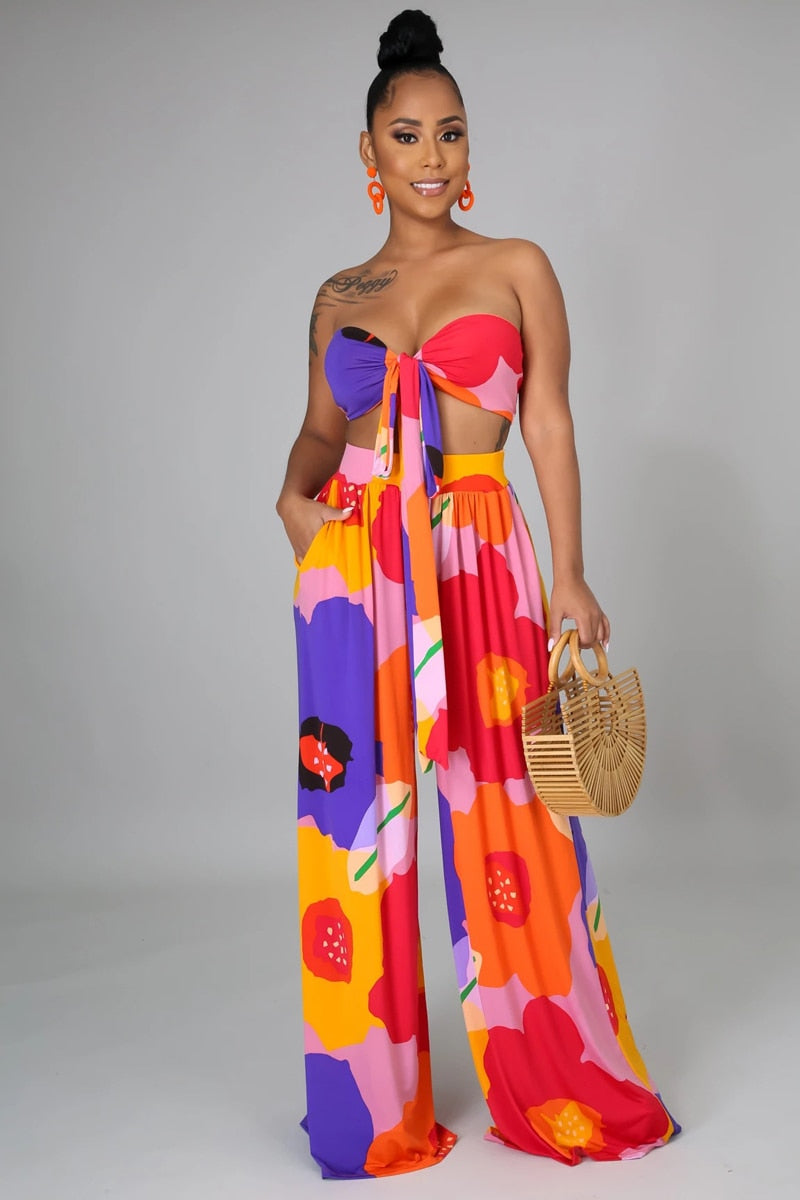 Ensemble Bustier & Pantalon Fluide “Flower Vibe” – Style Vacances Luxe & Chic