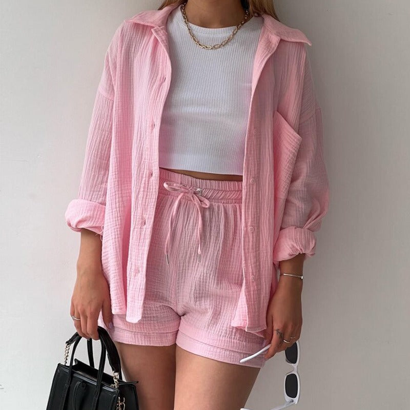 Ensemble Femme 3 Pièces Été – Crop Top + Short Taille Haute + Surchemise | Look Chill & Stylé
