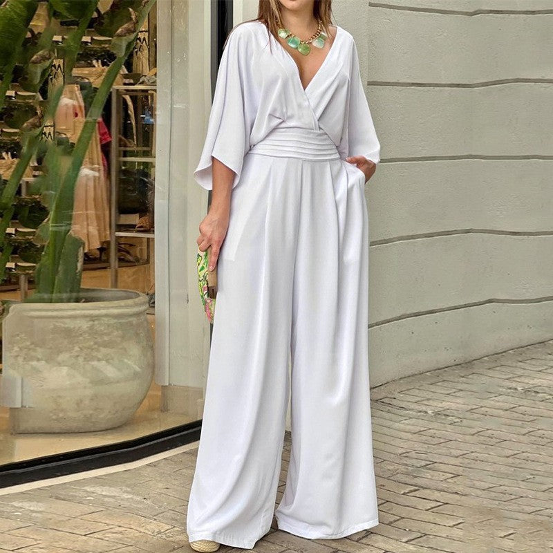 Combinaison Femme Élégante Fluide – Manches Chauve-souris & Taille Haute | Look Chic Été 2025