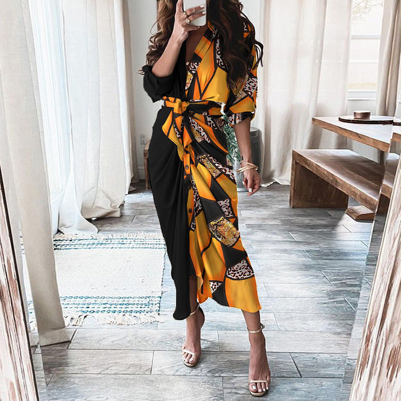 Robe Élégante Midi Boutonnée – Effet Portefeuille & Imprimés Stylés