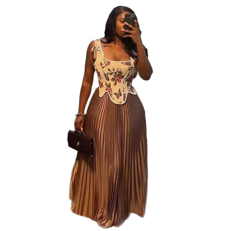 Robe longue plissée femme – Bustier floral corset chic et élégant, soirée & été