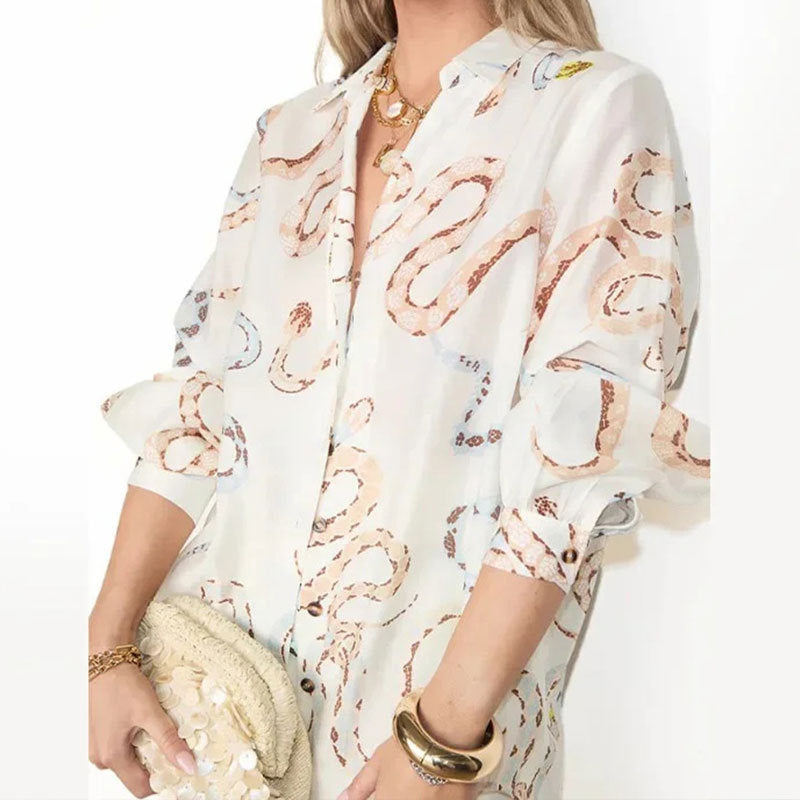 Printed shirt long sleeved slit skirt loose suit