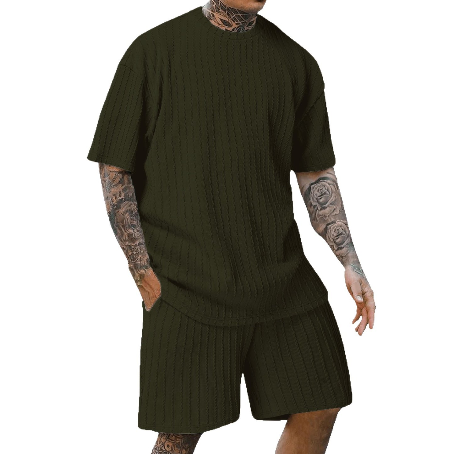Ensemble Homme Décontracté Été - T-shirt Col Rond & Short Motif Rayé | Look Sport & Tendance 2025