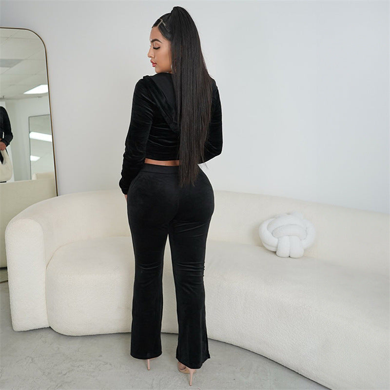 Ensemble velours femme 2 pièces – crop zippé + pantalon flare, look Y2K tendance 2025