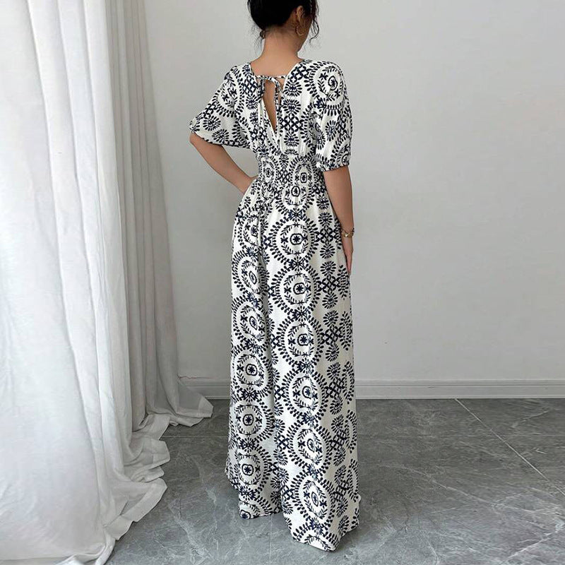 Combinaison Bohème Fluide – Taille Haute, Manches Courtes & Motif Mandala | Élégante & Confortable
