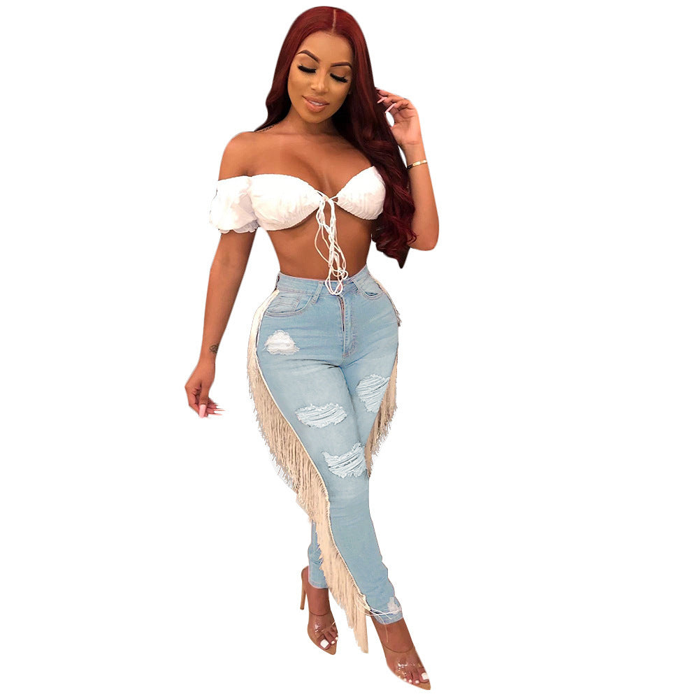 Jean Skinny Déchiré Femme avec Franges Latérales – Style Glam & Audacieux