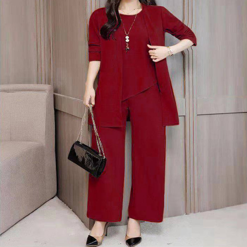 Ensemble Femme Élégant 3 Pièces – Pantalon Large + Haut Fluide + Veste Longue