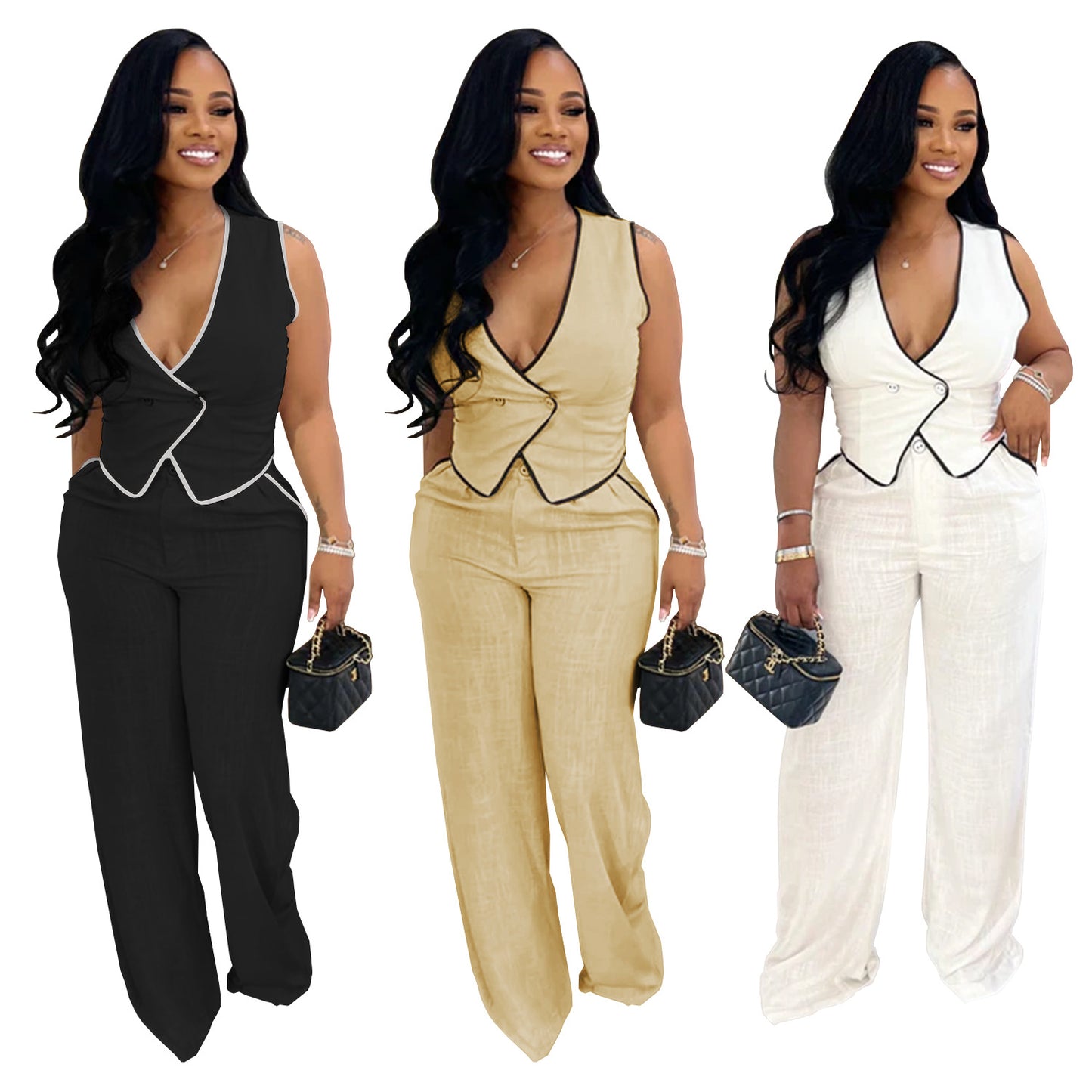 Ensemble Femme Chic – Gilet Croisé Sans Manches + Pantalon Large Taille Haute