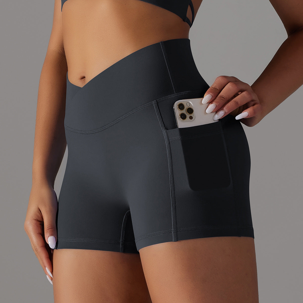 Short de Sport Gainant Femme – Taille Haute & Poche Latérale