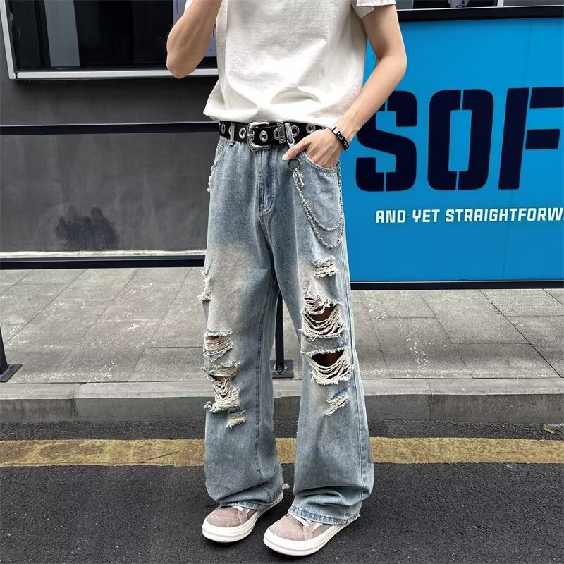 Jean Large Destroy Homme – Style Vintage Déchiré avec Chaîne Métal – Streetwear Urbain