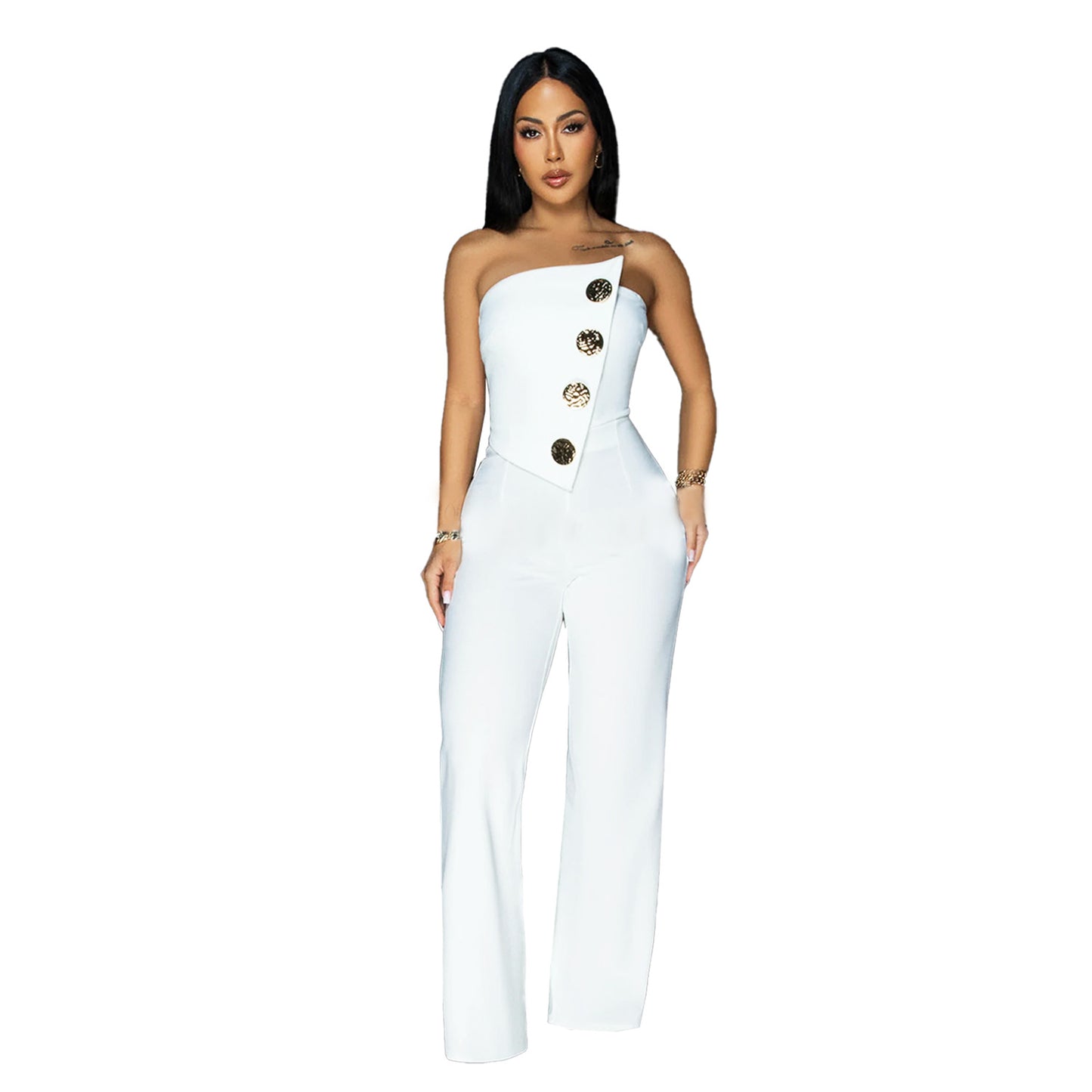 Combinaison Asymétrique Femme – Élégance Chic & Boutons Dorés