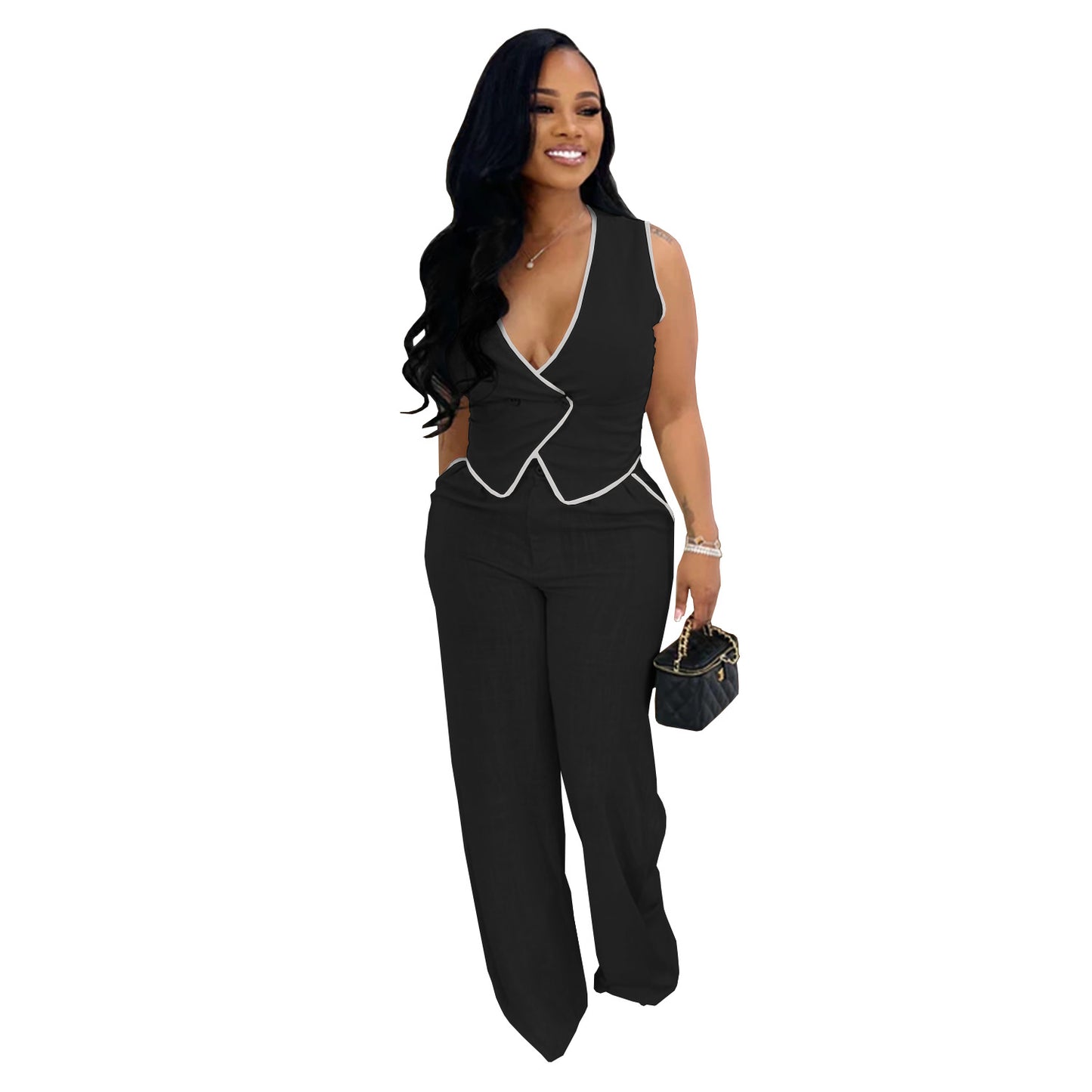 Ensemble Femme Chic – Gilet Croisé Sans Manches + Pantalon Large Taille Haute