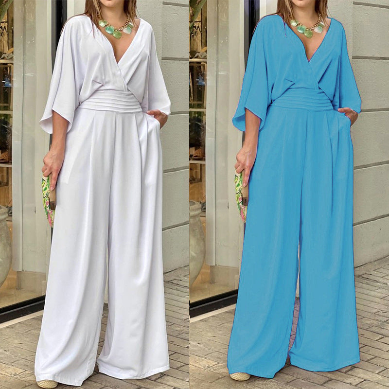 Combinaison Femme Élégante Fluide – Manches Chauve-souris & Taille Haute | Look Chic Été 2025