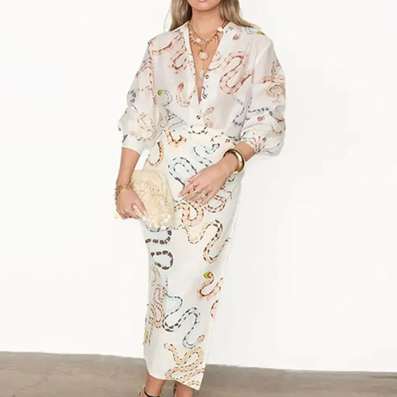 Printed shirt long sleeved slit skirt loose suit