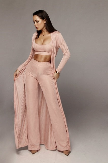 Ensemble 3 pièces chic femme – Longue veste + top + pantalon taille haute fluide
