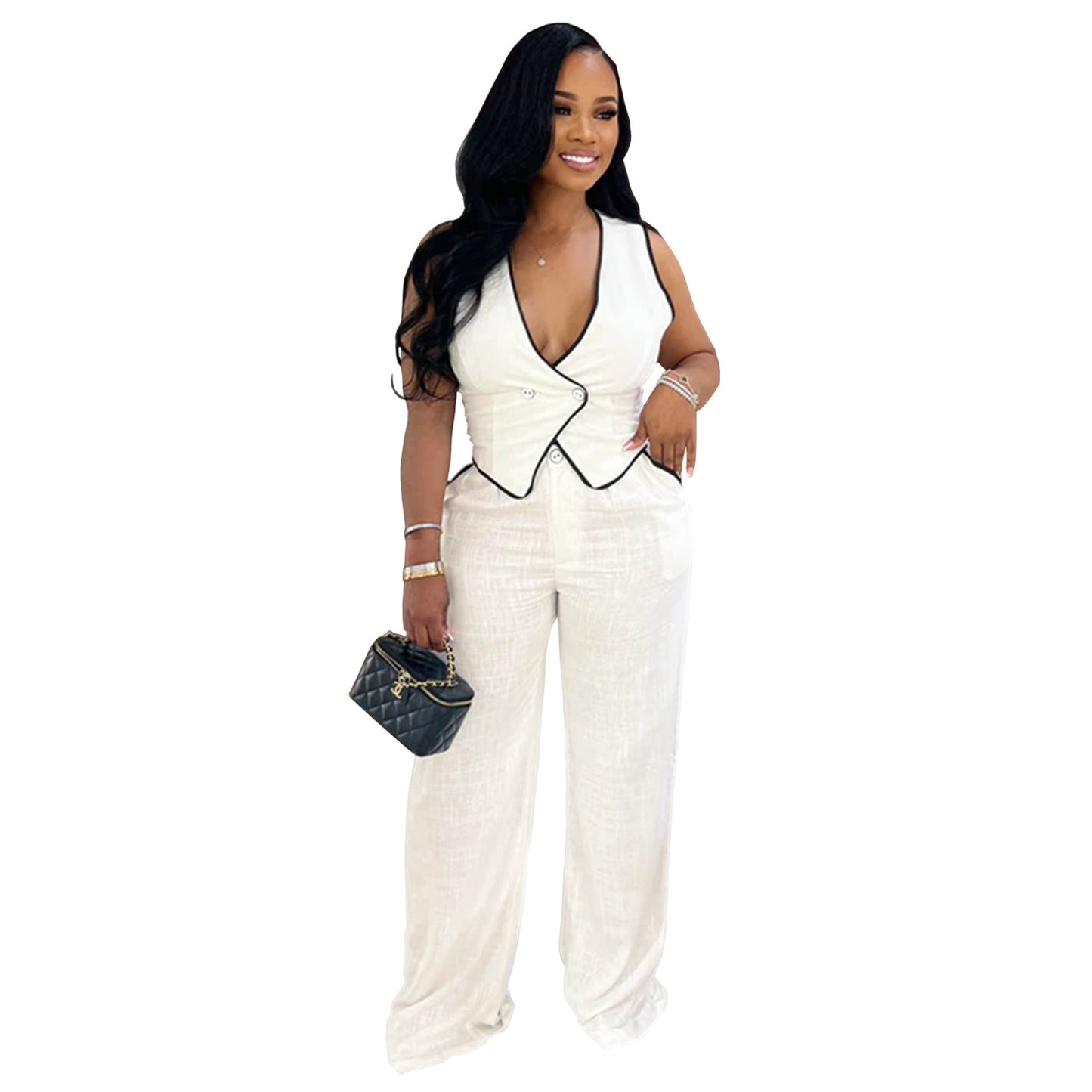 Ensemble Femme Chic – Gilet Croisé Sans Manches + Pantalon Large Taille Haute