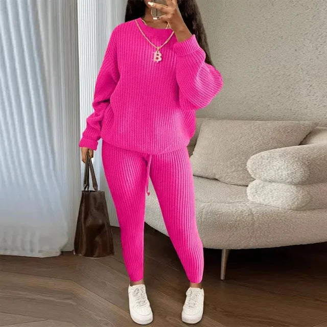 Winter Two Piece Sets Women Clothing Autumn Fashion Casual Solid Round Neck Pullover Loose Pit Knitted Sweater Pants Suits