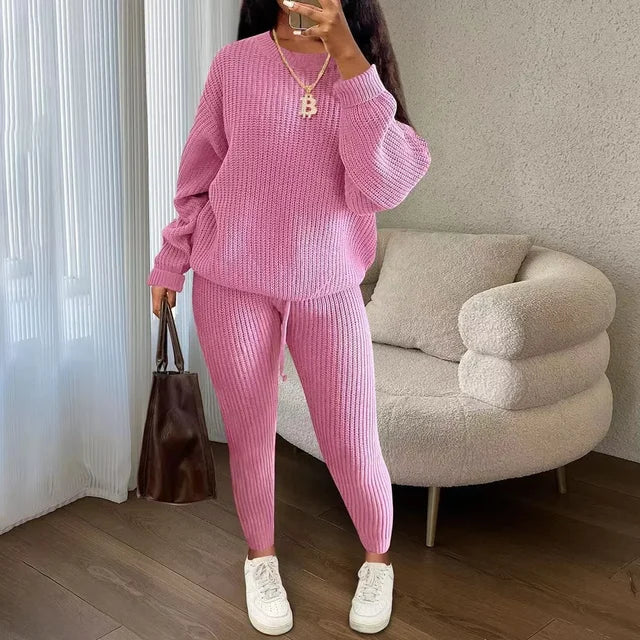Winter Two Piece Sets Women Clothing Autumn Fashion Casual Solid Round Neck Pullover Loose Pit Knitted Sweater Pants Suits