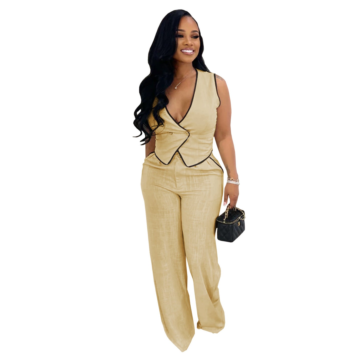 Ensemble Femme Chic – Gilet Croisé Sans Manches + Pantalon Large Taille Haute