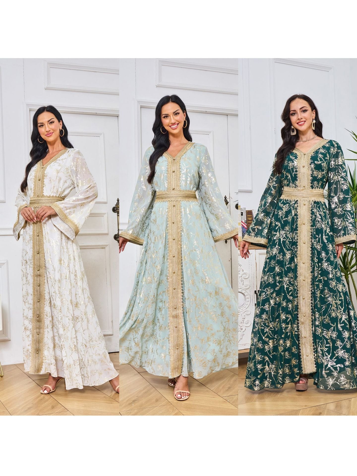 Robe orientale brodée dorée – Élégance royale en blanc, vert & bleu ciel