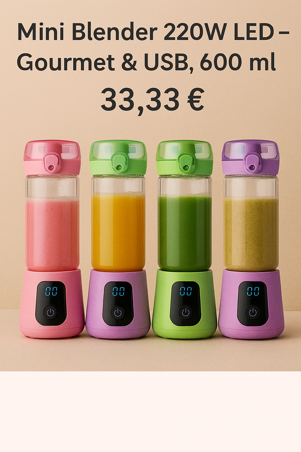 Mini Blender Portable Premium 220 W • USB • Verre 600 ml • Écran LED