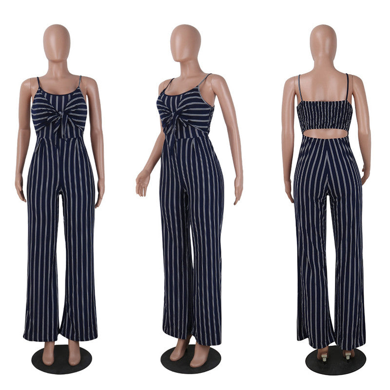 Combinaison rayée “Seyna Luxe” – Bretelles fines, taille haute, nœud élégant