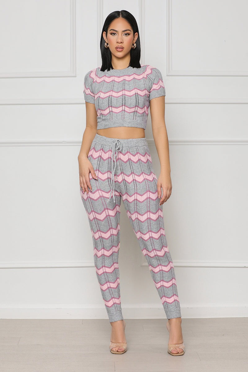 Ensemble Tricot Zigzag Femme – 2 Pièces Top Court + Pantalon Jogging