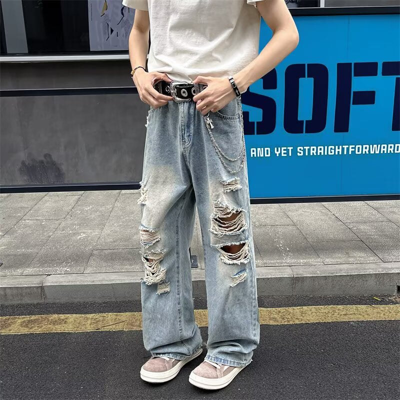 Jean Large Destroy Homme – Style Vintage Déchiré avec Chaîne Métal – Streetwear Urbain