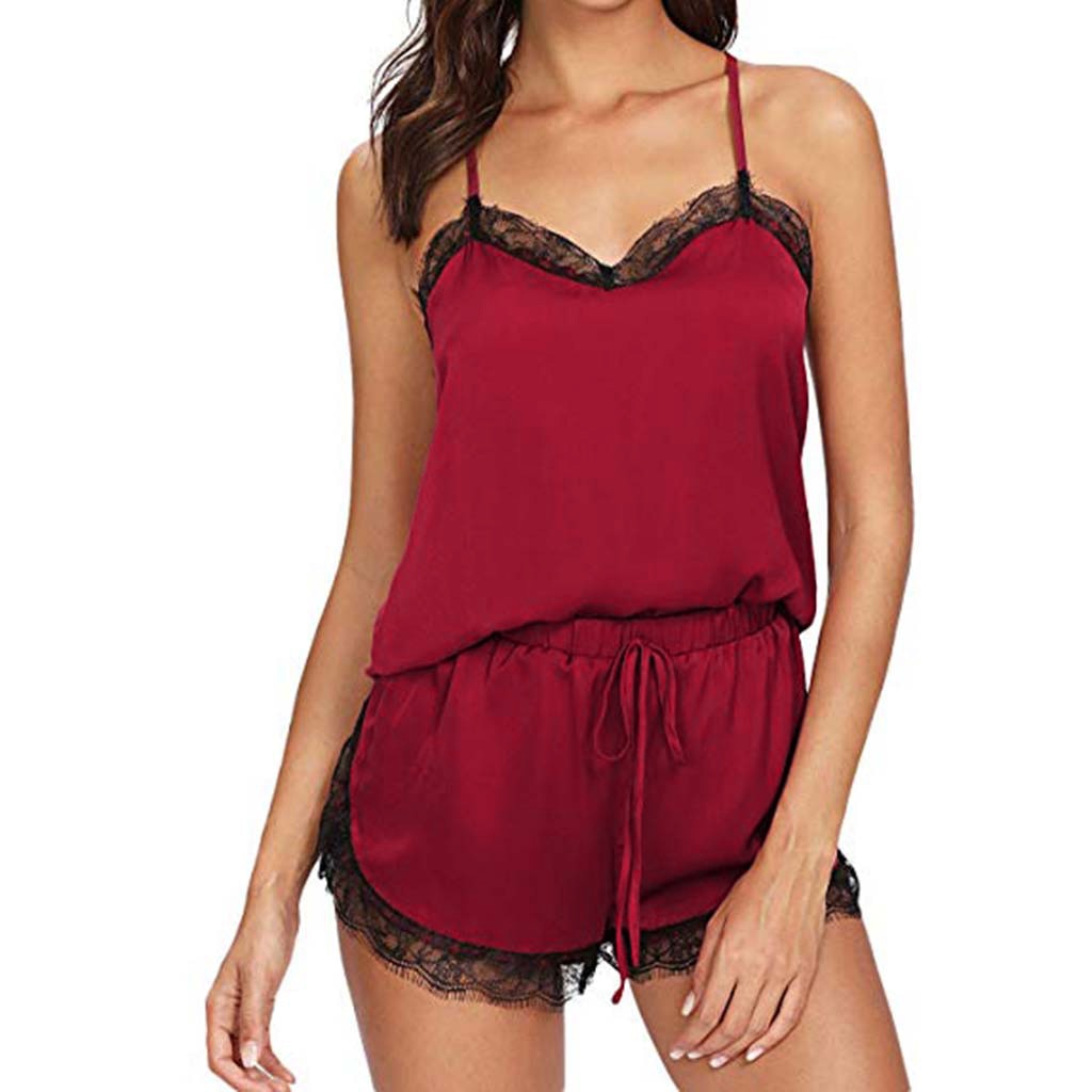Ensemble pyjama satin femme 2 pièces – Top à fines bretelles et short avec dentelle noire
