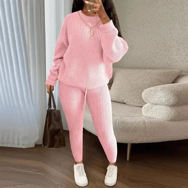 Winter Two Piece Sets Women Clothing Autumn Fashion Casual Solid Round Neck Pullover Loose Pit Knitted Sweater Pants Suits