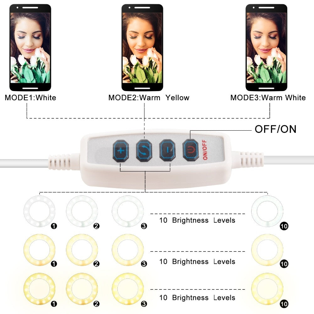 Anneau LED avec Support Téléphone – 3 Modes Lumière – USB & Flexible