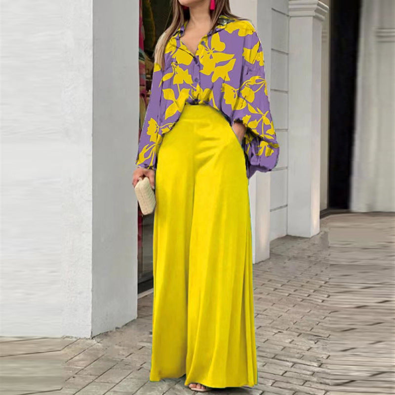Ensemble Femme Élégant – Chemise Fluide Imprimée + Pantalon Large Haute Taille