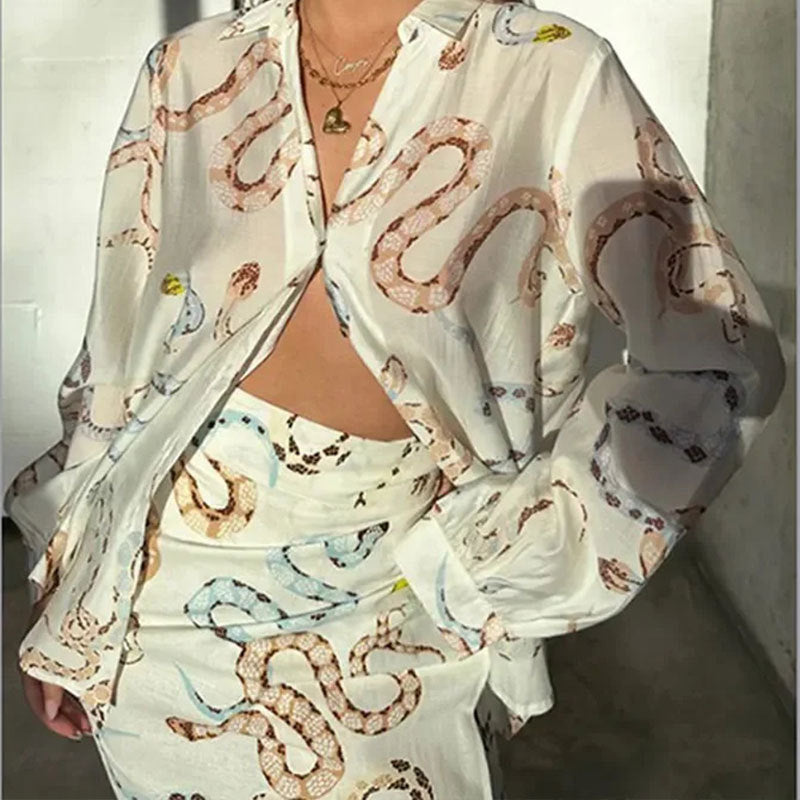 Printed shirt long sleeved slit skirt loose suit