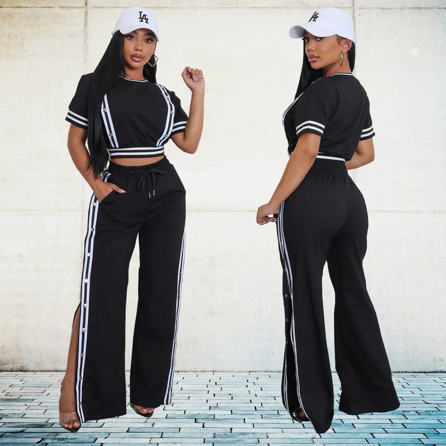 Ensemble Sportswear Femme – Crop Top + Pantalon Boutonné Fendu