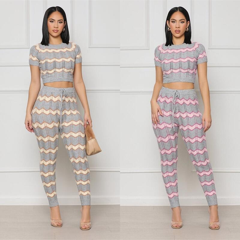 Ensemble Tricot Zigzag Femme – 2 Pièces Top Court + Pantalon Jogging
