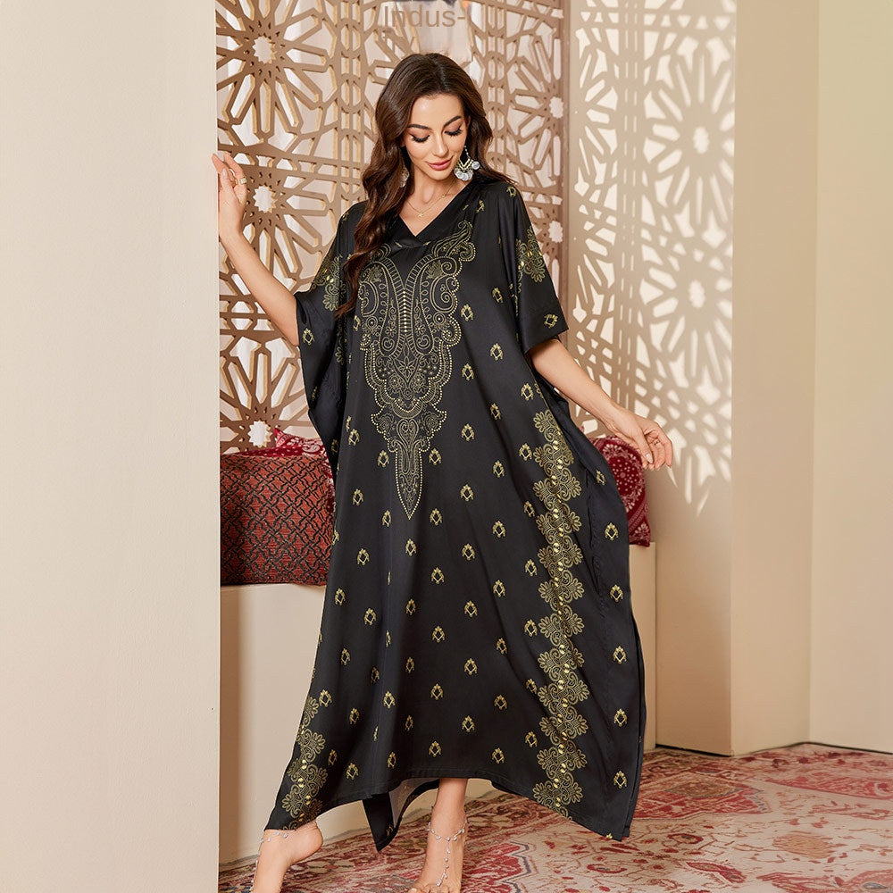 Robe Caftan Blanche Luxe – Broderies Dorées Orientales | Taille Unique Élégante