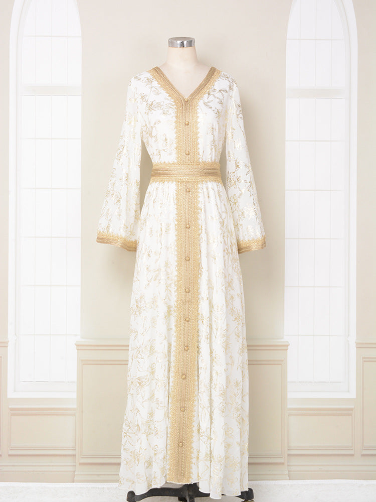 Robe Orientale Luxe Brocart Doré – Style Dubai Élégant avec Ceinture – 5 Couleurs
