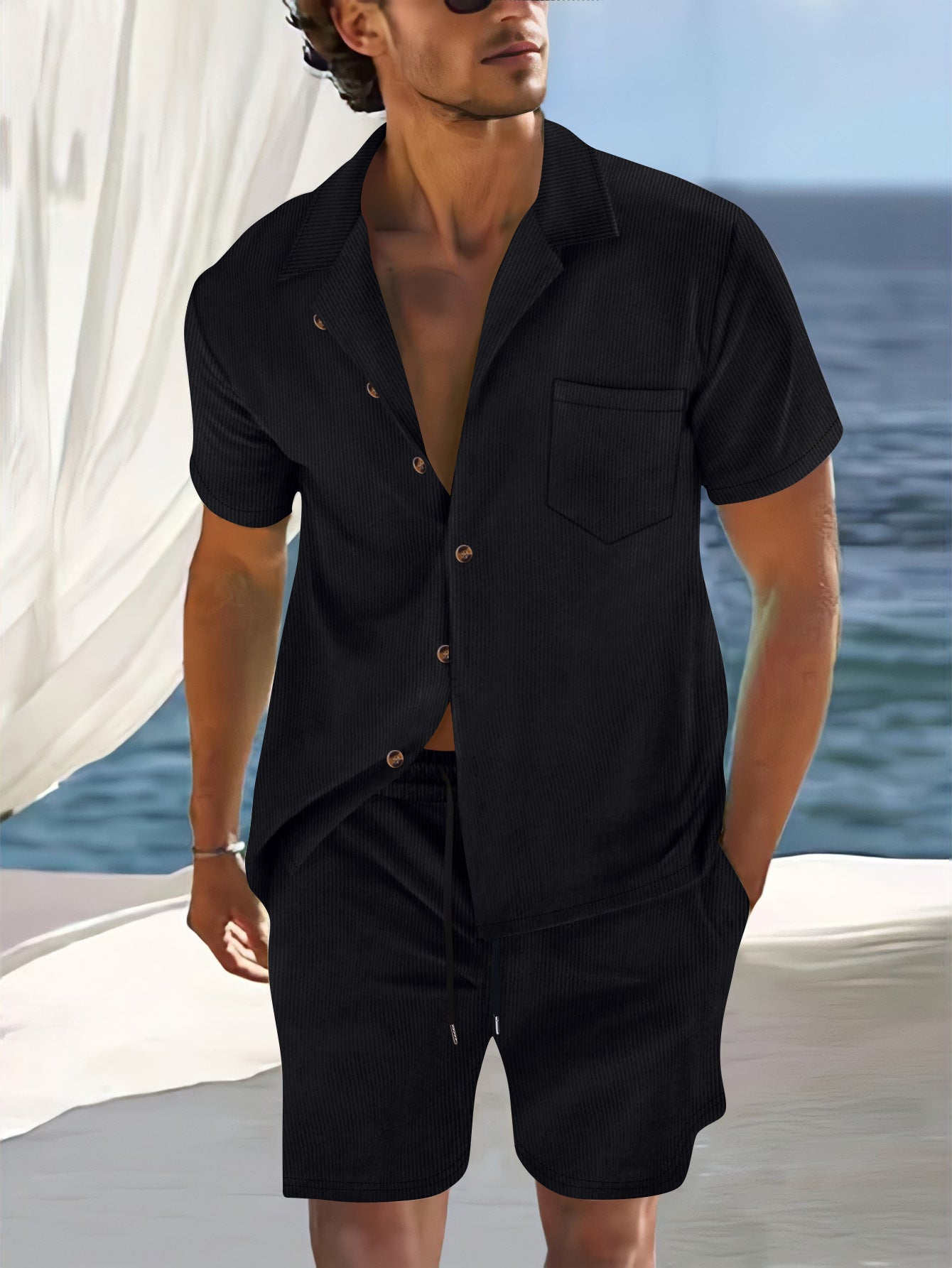 ENSEMBLE RIVIERA™ – Chemise Col Cubain & Short Tailleur Homme | Look Luxe d'Été