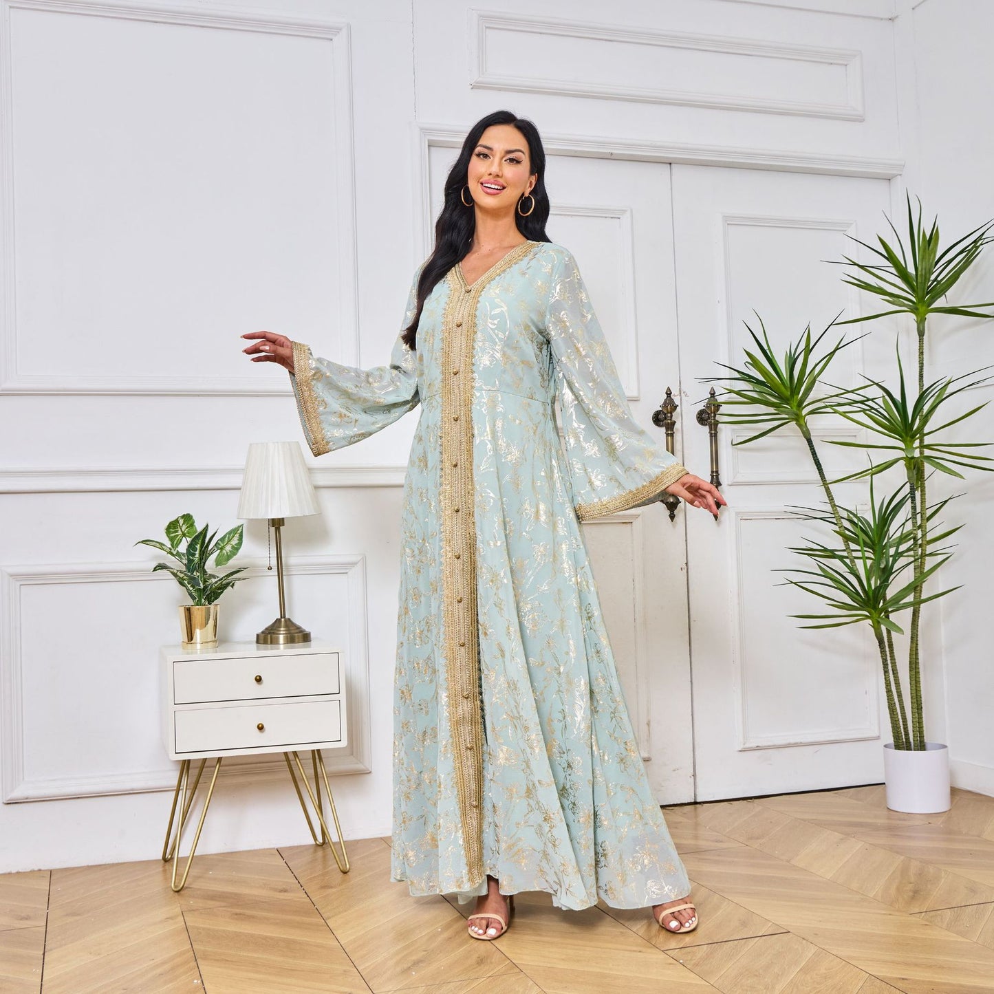 Robe Orientale Luxe Brocart Doré – Style Dubai Élégant avec Ceinture – 5 Couleurs