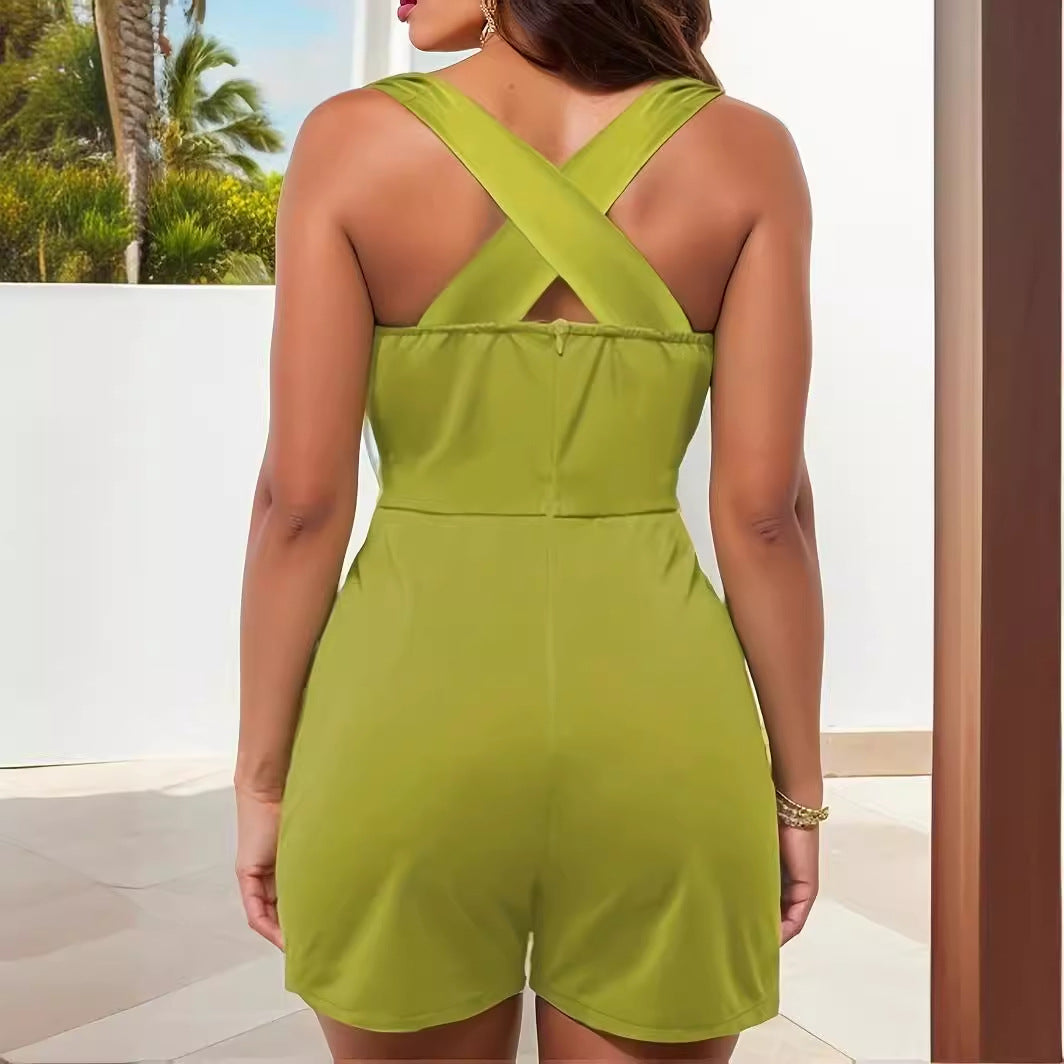 Combinaison courte femme – Ceinture taille haute, sans manches, décolleté croisé été 2025