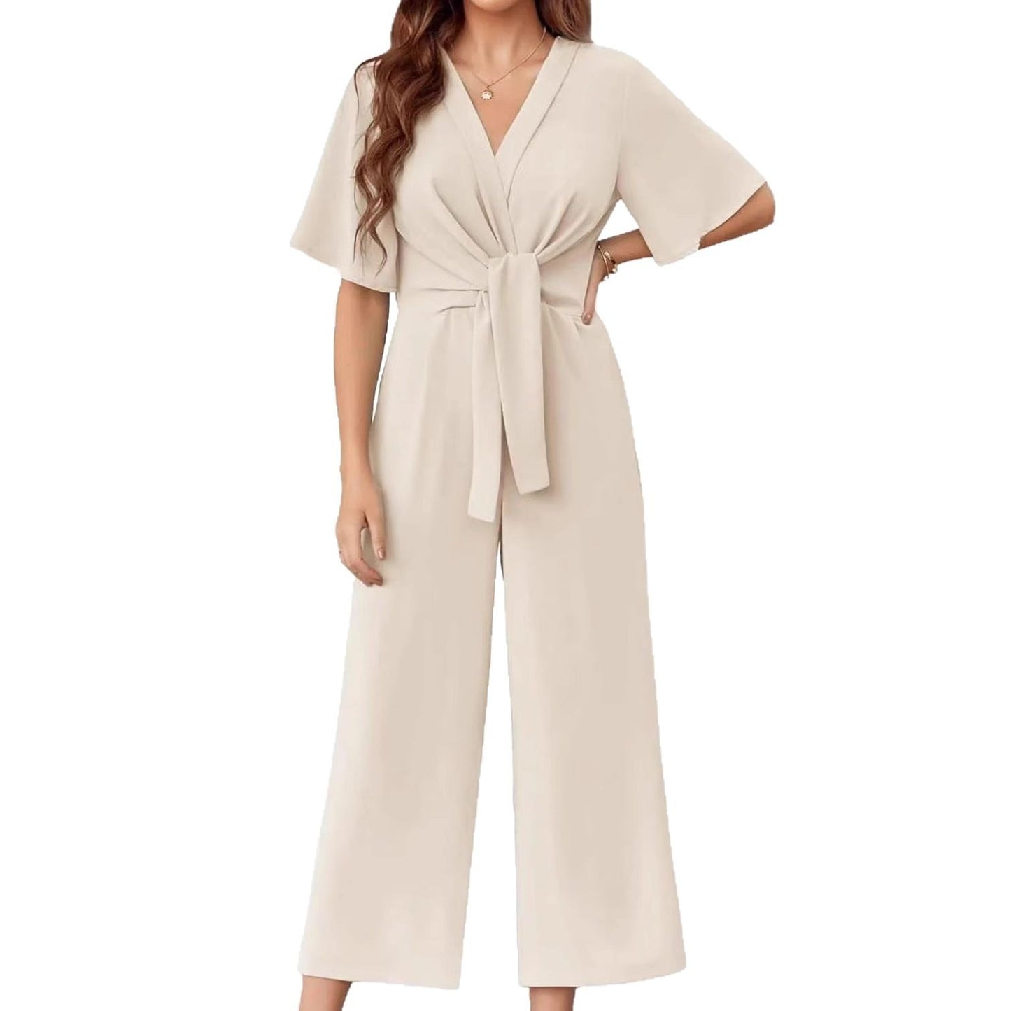 Solid Color And V-neck Minimalist Design Short-sleeved Jumpsuit