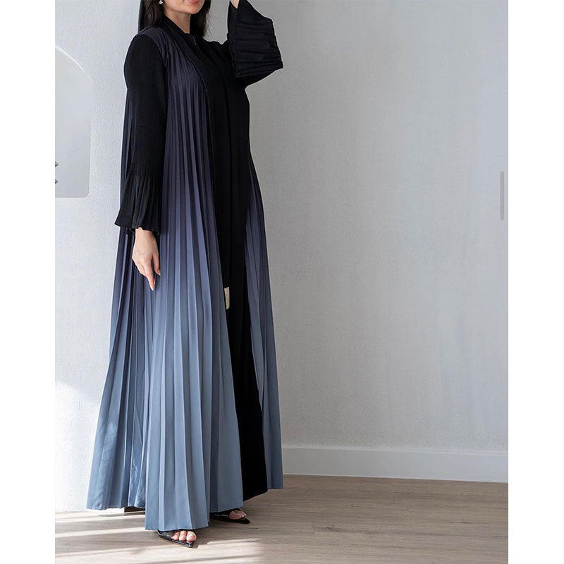 Abaya plissée élégante – Dégradé noir & bleu fumé 2025 Robe Longue Dégradée Plissée – Élégance Fluide & Moderne
