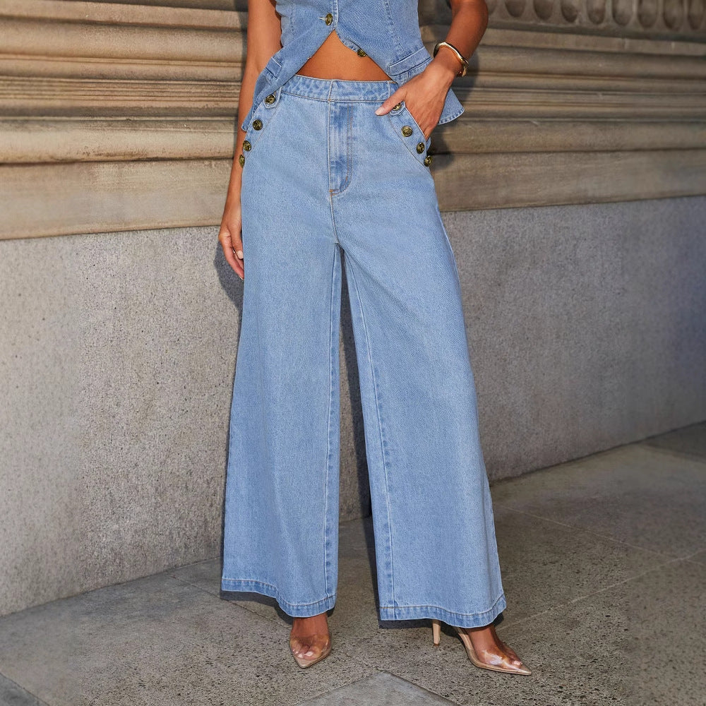 Ensemble Denim Chic – Gilet Sans Manches & Pantalon Large