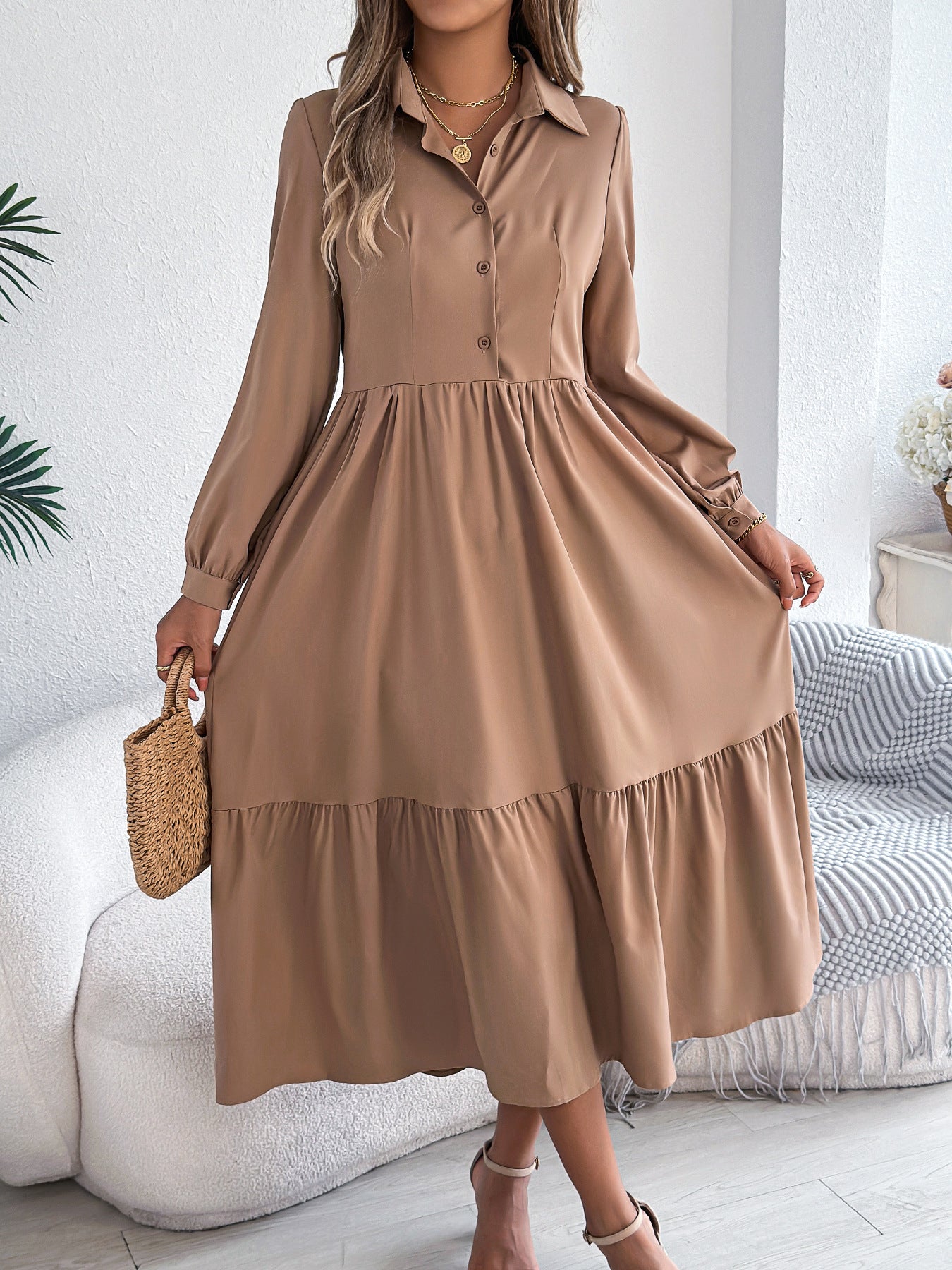 Robe Longue Femme Élégante – Robe Chemise à Manches Longues avec Col | Style Chic & Décontracté