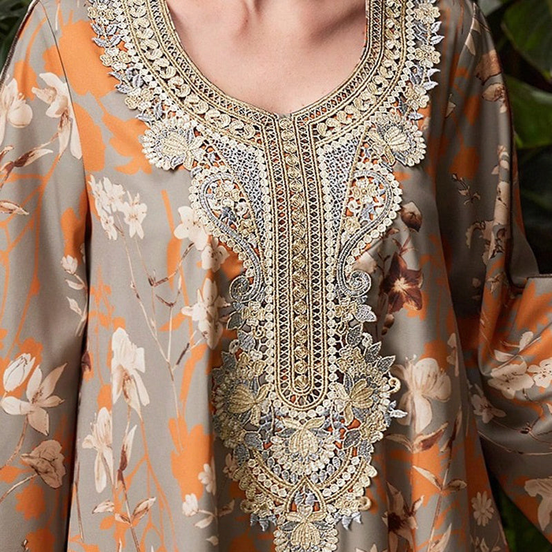 Robe Caftan Chic à Broderies Orientales - Écru & Marron