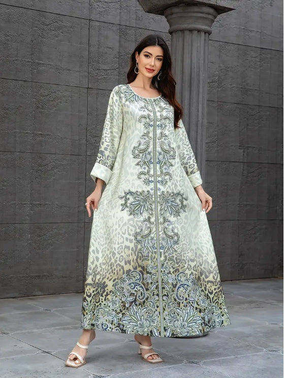 Robe Caftan Chic à Broderies Orientales - Écru & Marron