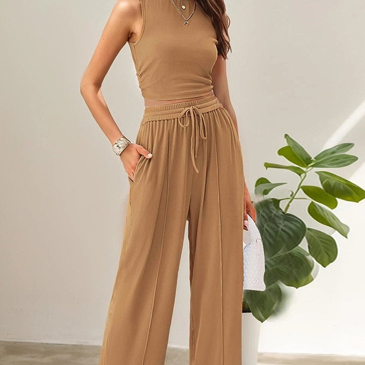 Ensemble Femme Chic – Débardeur Court & Pantalon Large Taille Haute | Tenue Décontractée & Élégante
