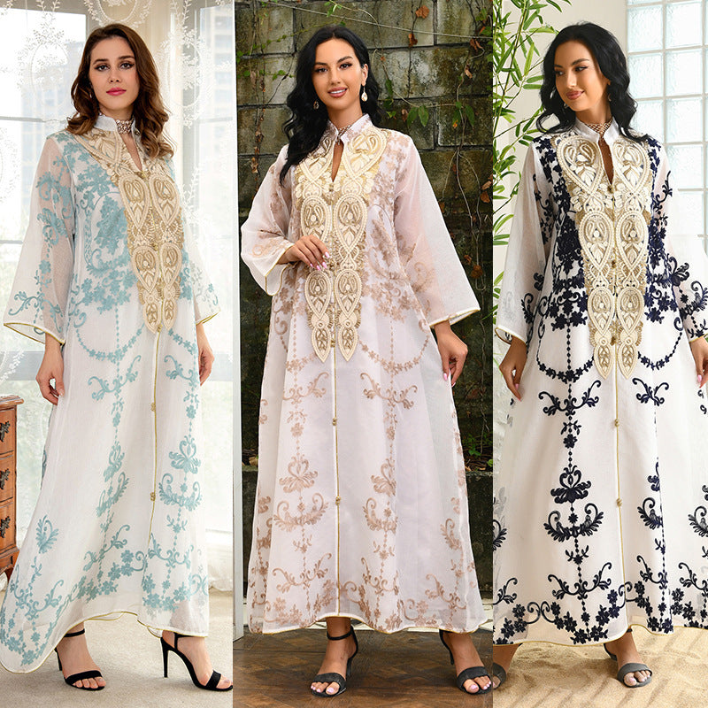Robe Caftan Chic à Broderies Orientales - Écru & Marron