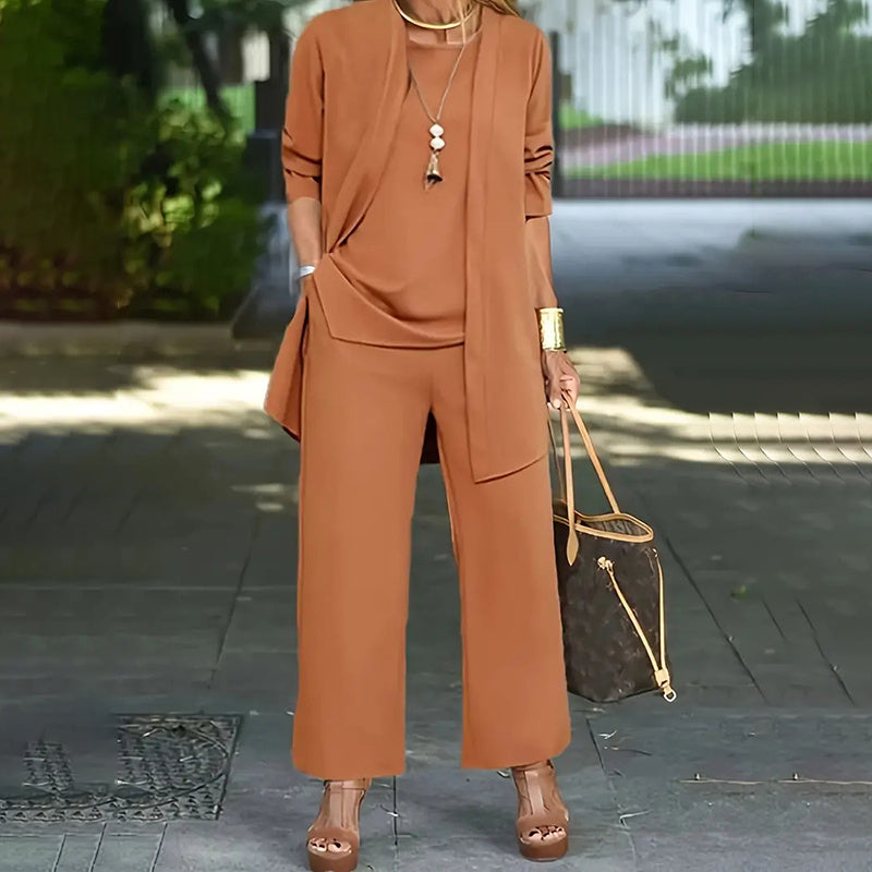 Ensemble Femme Élégant 3 Pièces – Pantalon Large + Haut Fluide + Veste Longue