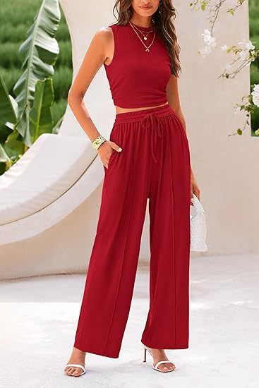 Ensemble Femme Chic – Débardeur Court & Pantalon Large Taille Haute | Tenue Décontractée & Élégante